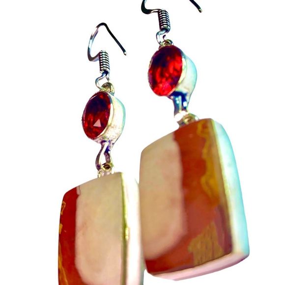 Nora Jasper & Garnet Gemstones in Handcrafted 925 Stamped Earrings - Picture 4 of 5